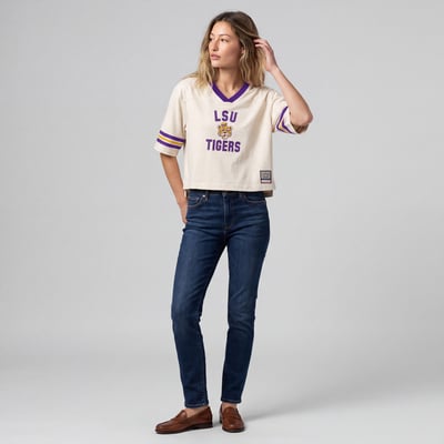 LSU Tigers Mitchell & Ness Women's Retro Roots Crop Boxy Yoke T-Shirt - Cream
