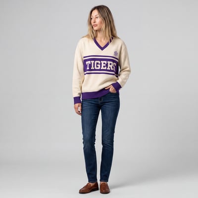 LSU Tigers Mitchell & Ness Women's Retro Roots V-Neck Sweater - Cream
