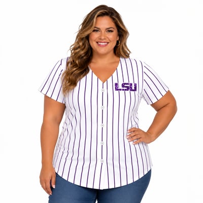 LSU Tigers Profile Women's Plus Size Stripe Glitter Button-Up Fashion Jersey Top - White/Purple