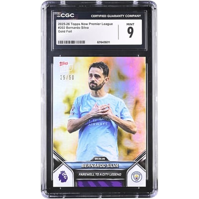 Bernardo Silva Manchester City 2025-26 Topps Now Premier League Farewell to a City Legend Gold Foil #202 #/50 CGC Authenticated 9 Card