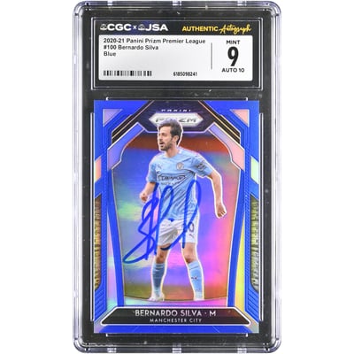 Bernardo Silva Manchester City Autographed 2020-21 Panini Prizm Premier League Blue #100 #/199 CGC Authenticated 9/10 Card