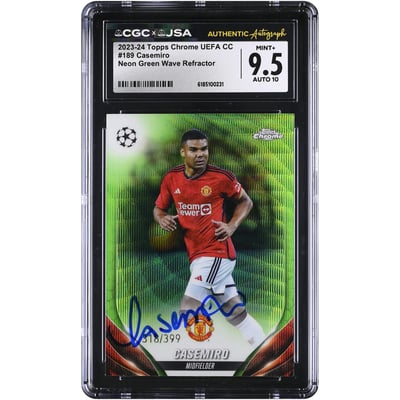 Carlos Casemiro Manchester United Autographed 2023-24 Topps Chrome UEFA CC Neon Green Wave Refractor #189 #/399 CGC Authenticated 9.5/10 Card