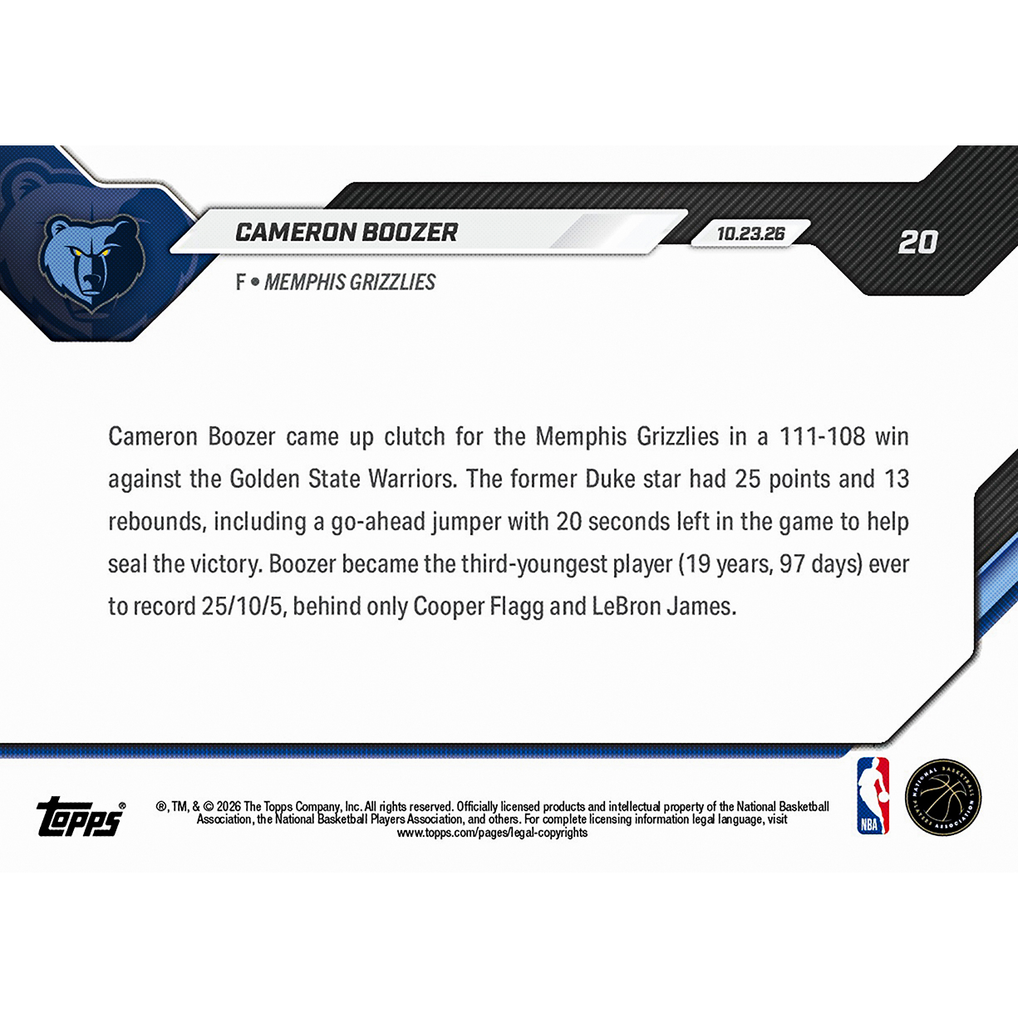 Cameron Boozer - 2026-27 NBA Topps NOW® - Card 20