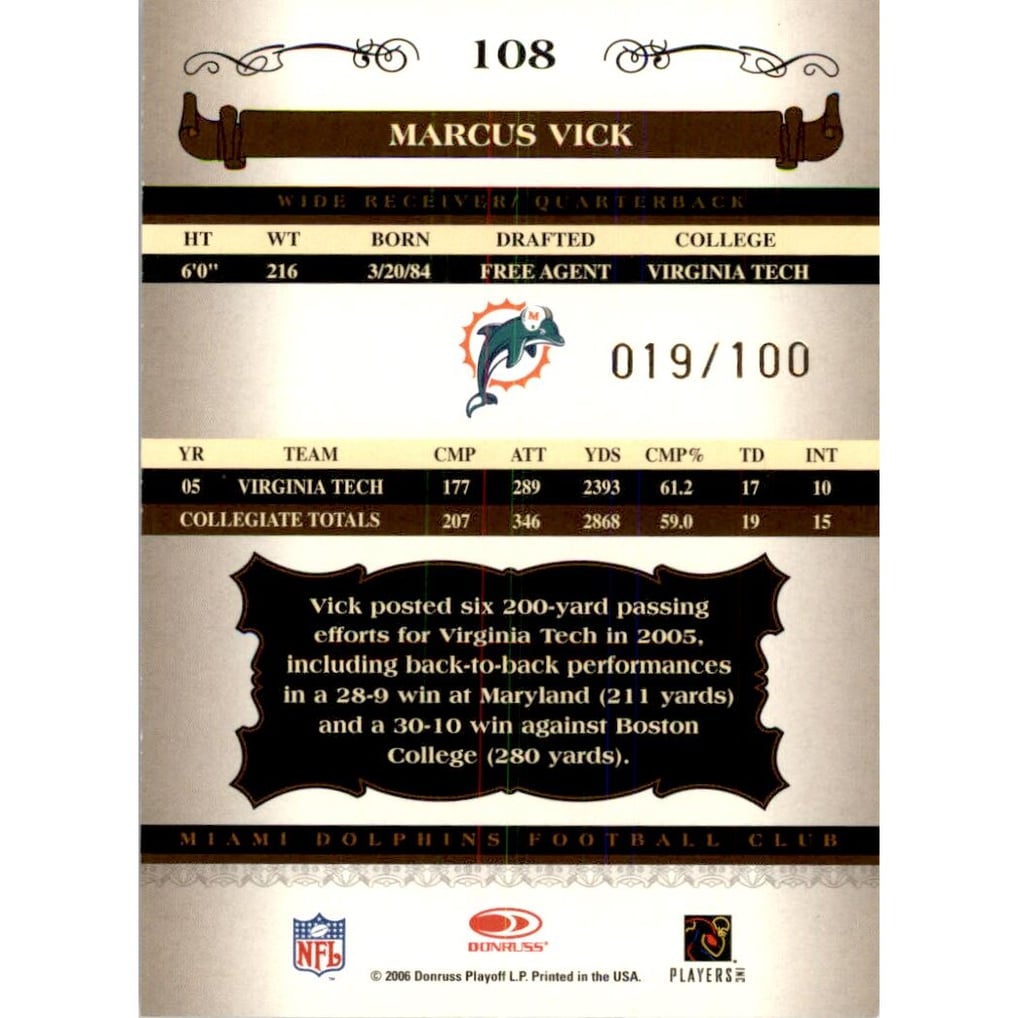2006 Donruss Classics Timeless Tributes Bronze #108 Marcus Vick