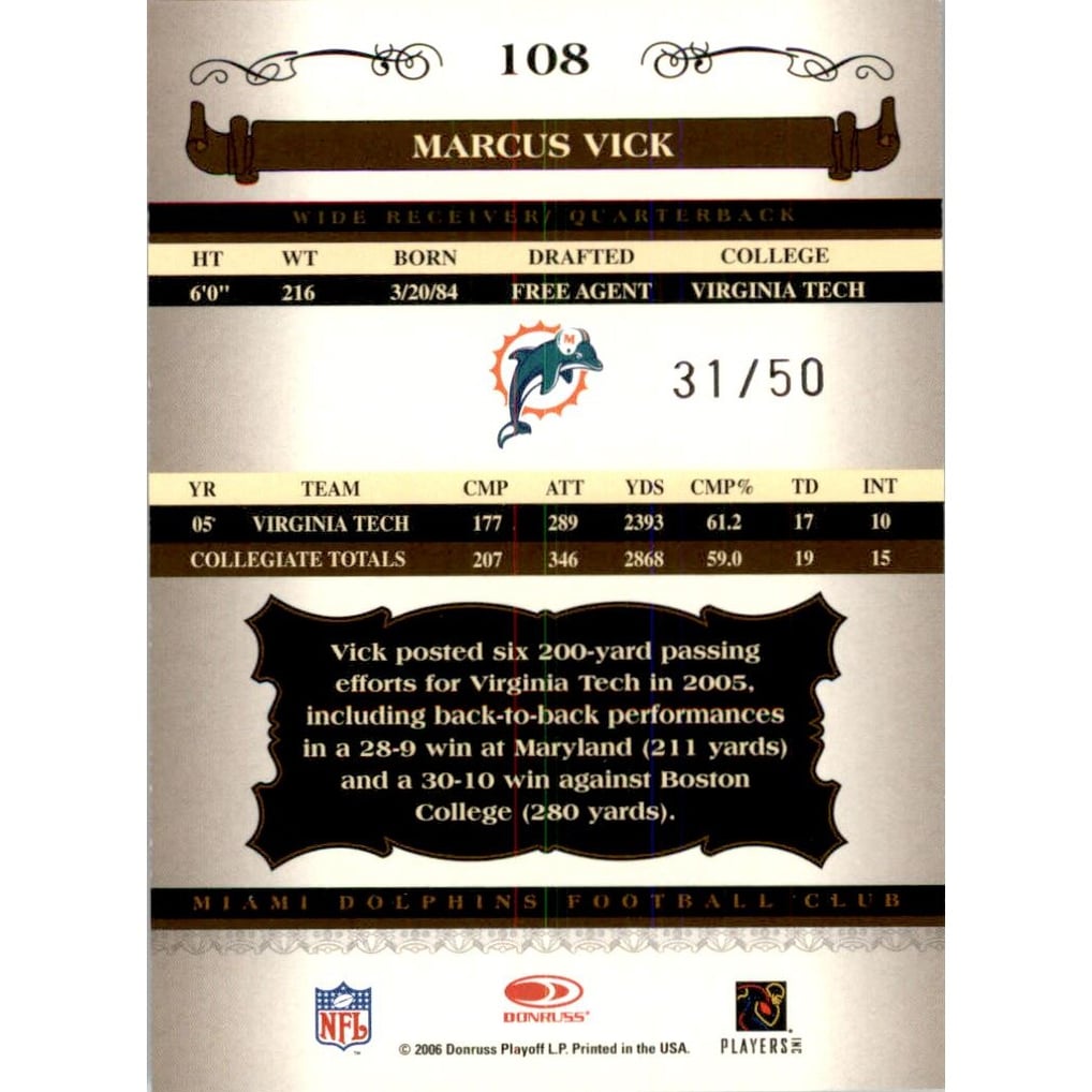 2006 Donruss Classics Timeless Tributes Silver #108 Marcus Vick