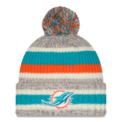 Miami Dolphins New Era Girls Youth Stripe Cuffed Knit Hat with Pom - Aqua/Beige