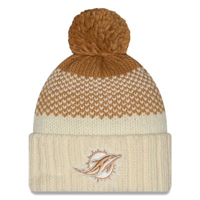Miami Dolphins New Era Girls Youth Fade Cuffed Knit Hat with Pom - Cream/Brown