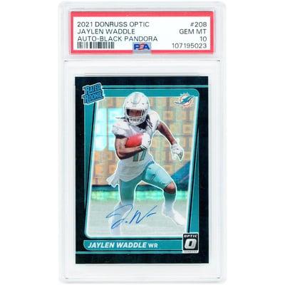 Jaylen Waddle Miami Dolphins Autographed 2021 Panini Donruss Optic Rated Rookie Black Pandora Prizm #208 #6/25 PSA Authenticated 10 Rookie Card