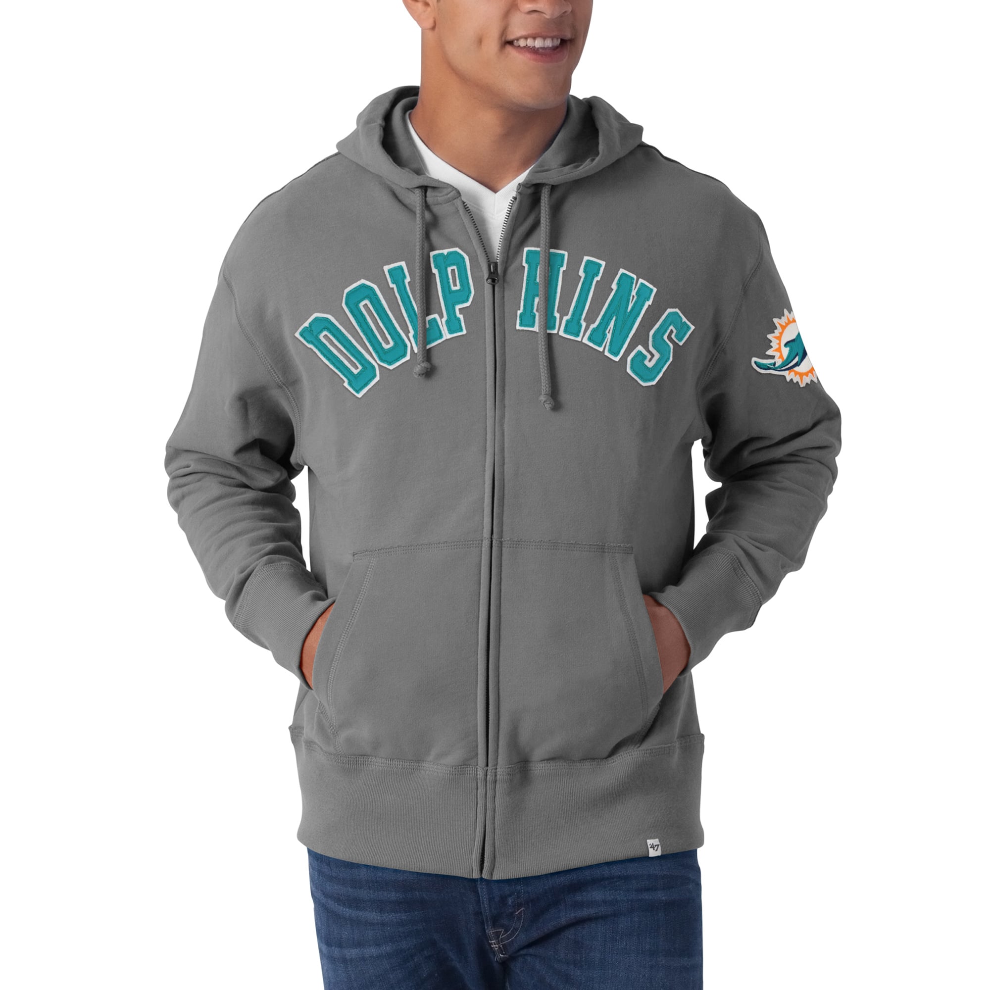 Men's '47 Gray Miami Dolphins Striker Full-Zip Hoodie