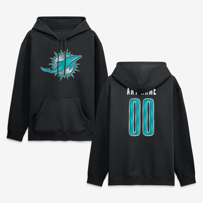 Miami Dolphins  Metallic Mascot Personalized Name & Number Hoodie - Black