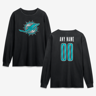 Miami Dolphins  Metallic Mascot Personalized Name & Number Long Sleeve T-Shirt - Black