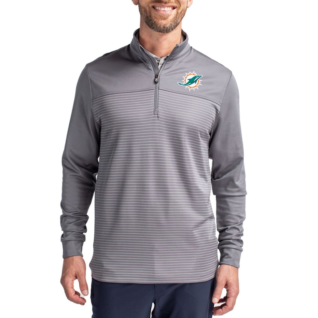 Miami Dolphins Cutter & Buck Traverse Stripe Quarter-Zip Pullover Jacket - Gray