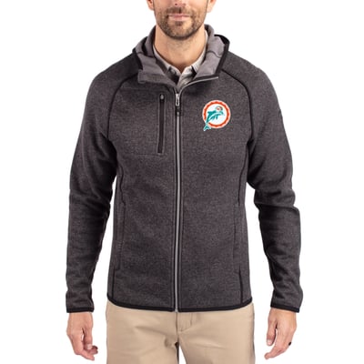  Miami Dolphins Cutter & Buck Throwback Mainsail Sweater-Knit Full-Zip Hoodie - Heather Charcoal