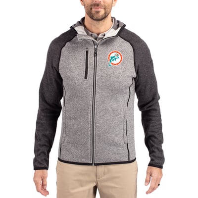  Miami Dolphins Cutter & Buck Throwback Mainsail Sweater-Knit Full-Zip Hoodie - Heather Gray/Heather Charcoal