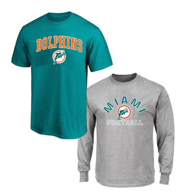  Miami Dolphins Fanatics Big & Tall T-Shirt and Long Sleeve T-Shirt Combo Pack - Aqua/Gray