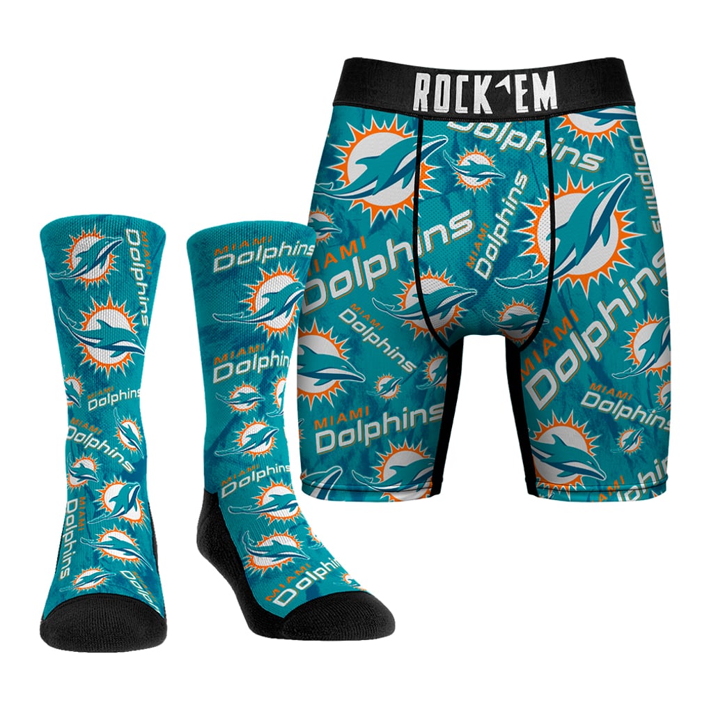 Miami Dolphins Rock Em Socks All-Over Logo Underwear and Crew Socks Combo Pack
