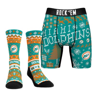 Miami Dolphins Rock Em Socks Retro Throwback Holiday Tacky Sweater Underwear and Crew Socks Combo Pack