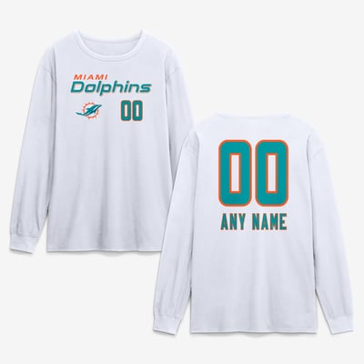 Miami Dolphins  Touchdown Wordmark Personalized Name & Number Long Sleeve T-Shirt - White