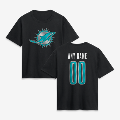 Miami Dolphins Women's Metallic Mascot Personalized Name & Number T-Shirt - Black