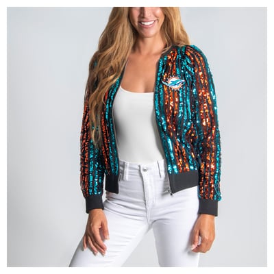  Miami Dolphins FABGATING by Cuce Women's Slim Fit Sequin Striped Full-Zip Bomber Jacket - Aqua