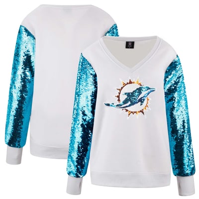 Miami Dolphins FABGATING by Cuce Women's Sequin Sleeve V-Neck Sweatshirt- White