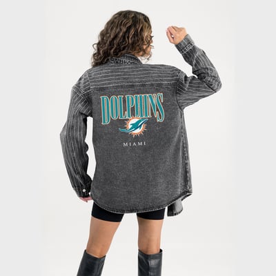  Miami Dolphins Gameday Couture Women's End Zone Energy Rhinestone Washed Full-Snap Denim Overshirt - Black