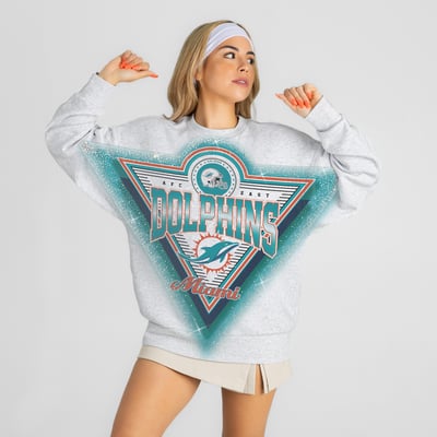 Miami Dolphins Gameday Couture Women's Chasing Victory Rhinestone Spray Oversized Fleece Sweatshirt - Heather Gray