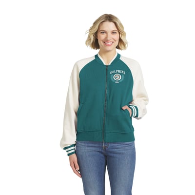 Miami Dolphins WEAR by Erin Andrews Women's Throwback Varsity Fleece Raglan Full-Zip Jacket - Aqua