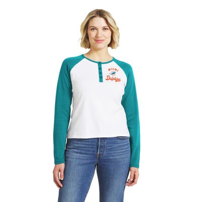 Miami Dolphins WEAR by Erin Andrews Women's Henley Long Sleeve Raglan T-Shirt - White/Aqua