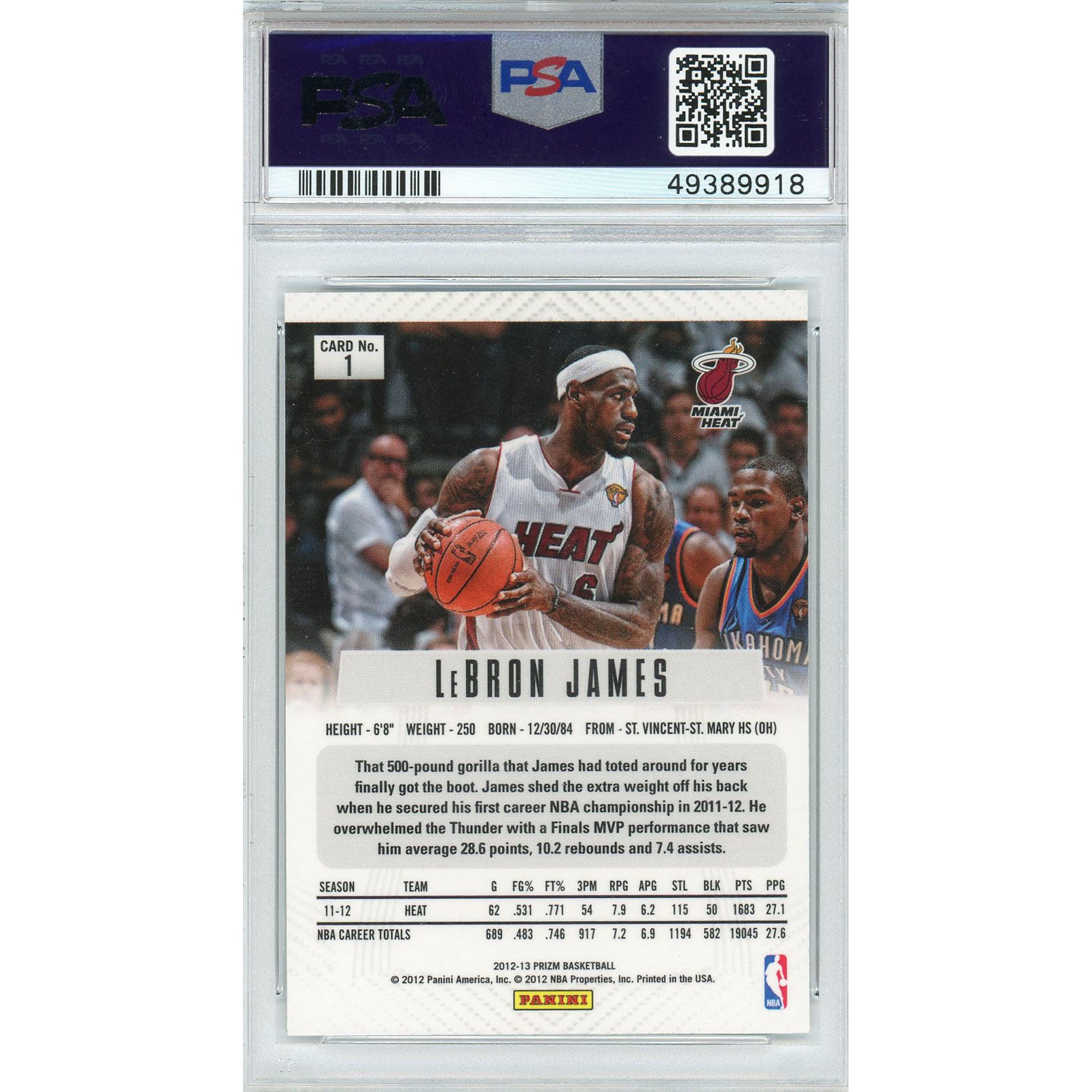 Miami Heat LeBron James 2012 Panini Prizm #1 PSA 9 Card - Panini