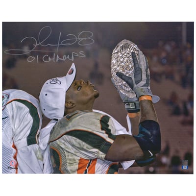 Clinton Portis Miami Hurricanes Fanatics Authentic Autographed 16'' x 20'' Kissing Football Photograph with ''01 CHAMPS'' Inscription