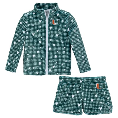 Miami Hurricanes ZooZatz Girls Toddler Heart Plaid Plush Full-Zip Jacket & Shorts Set - Green