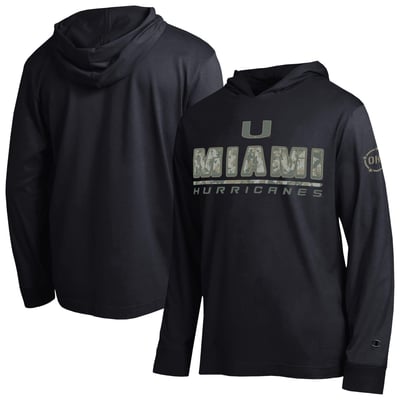  Miami Hurricanes Champion Operation Hat Trick Camo Script Hooded Long Sleeve T-Shirt - Black
