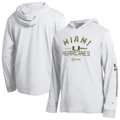  Miami Hurricanes Champion Operation Hat Trick Sleeve Line Hooded Long Sleeve T-Shirt - White