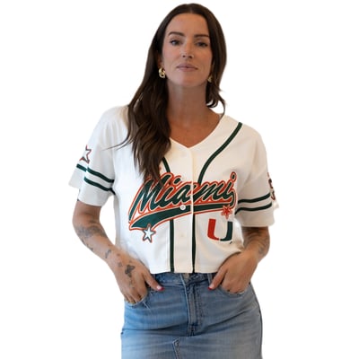 Miami Hurricanes Gameday Social Women's Cropped Patch Baseball Fashion Jersey - Off White