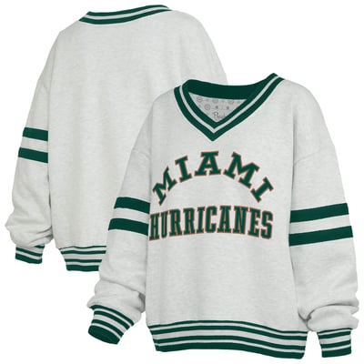 Miami Hurricanes Pressbox Women's Tackle Twill Oates V-Neck Sweatshirt - Heather Gray/Green
