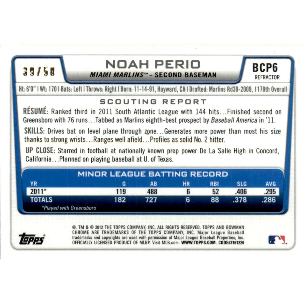 2012 Bowman Chrome Prospects Gold Refractors #BCP6 Noah Perio