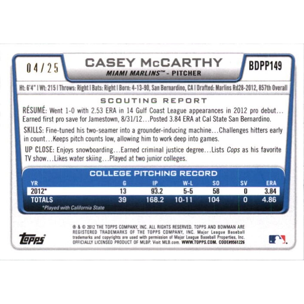 2012 Bowman Draft Draft Picks Red Ice #BDPP149 Casey McCarthy