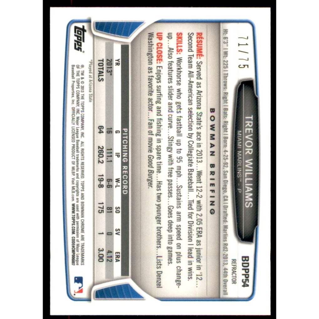 2013 Bowman Chrome Draft Draft Picks Green Refractors #BDPP54 Trevor Williams