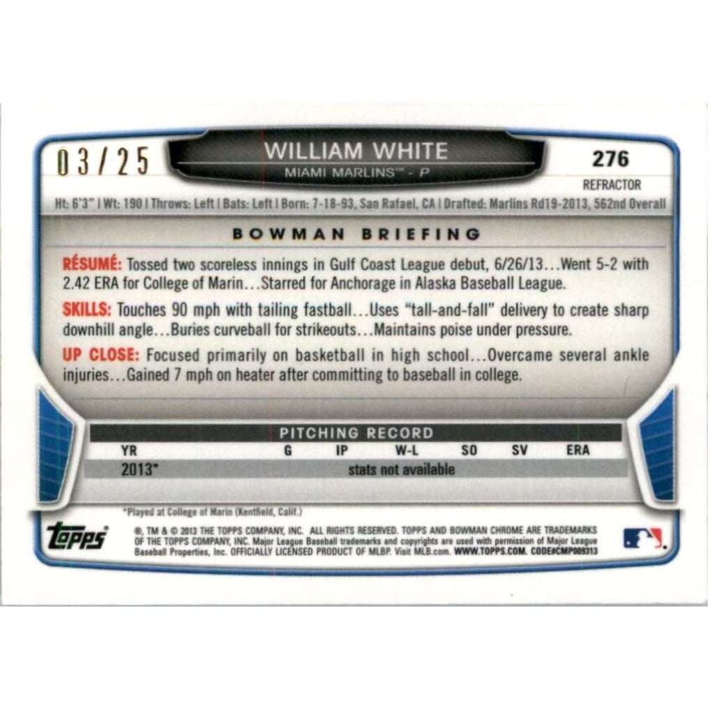 2013 Bowman Chrome Mini Black Refractors #276 William White