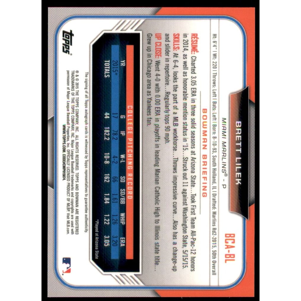 2015 Bowman Chrome Draft Draft Pick Autographs #BCABL Brett Lilek