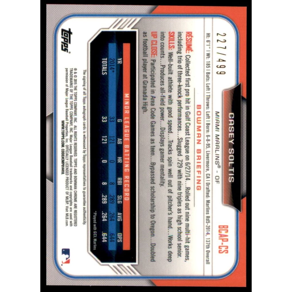 2015 Bowman Chrome Prospect Autographs Refractors #BCAPCS Casey Soltis