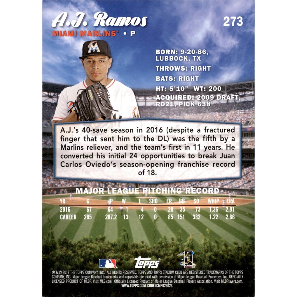 2017 Stadium Club 5x7 #273 A.J. Ramos