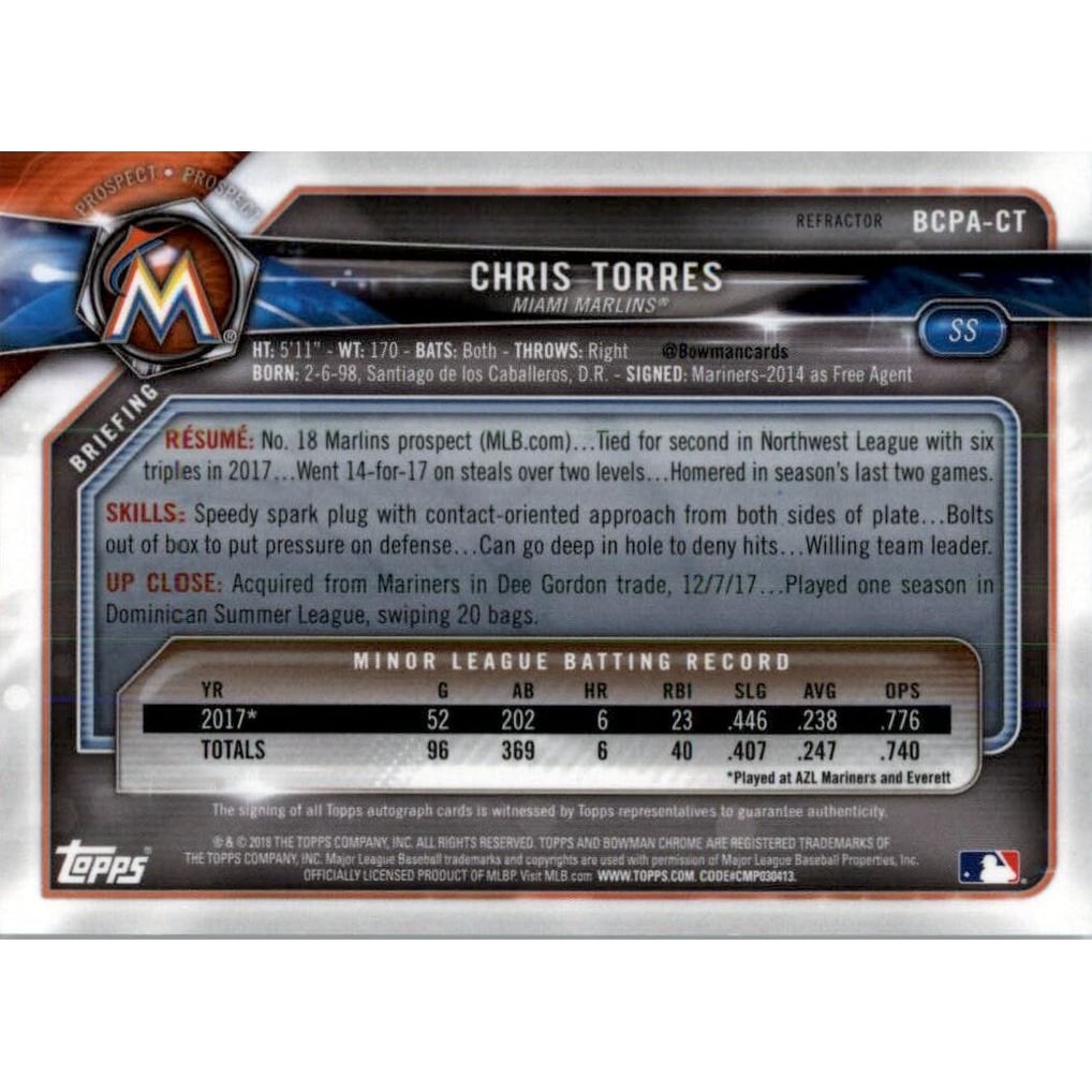 2018 Bowman Chrome Prospect Autographs Refractors #BCPACT Chris Torres