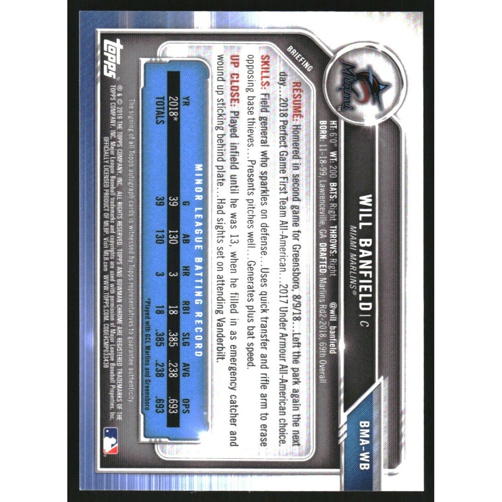 2019 Bowman Chrome Mega Box Autographs Refractors #BMAWB Will Banfield
