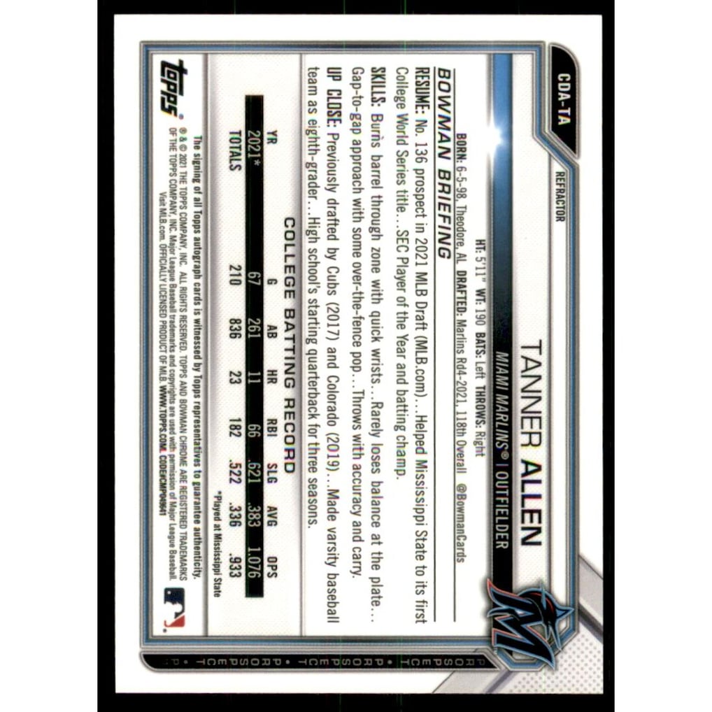 2021 Bowman Chrome Draft Autographs Refractors #CDATA Tanner Allen