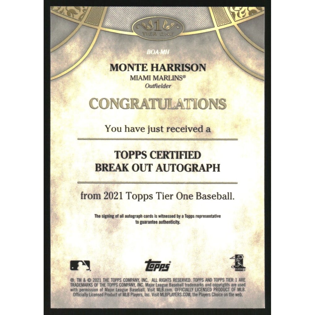 2021 Topps Tier One Break Out Autographs #BOAMH Monte Harrison/300
