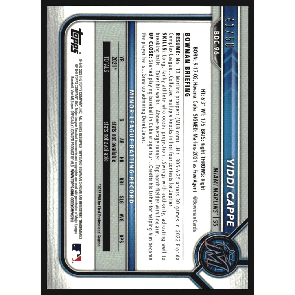2022 Bowman Chrome Draft Gold Refractors #BDC96 Yiddi Cappe