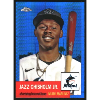 2022 Topps Chrome Platinum Anniversary Blue Prism Refractors #130 Jazz Chisholm Jr.
