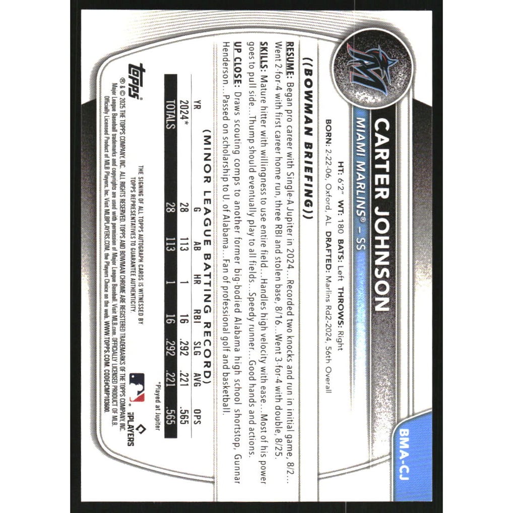 2025 Bowman Chrome Mega Box Prospect Autographs #BMACJ Carter Johnson